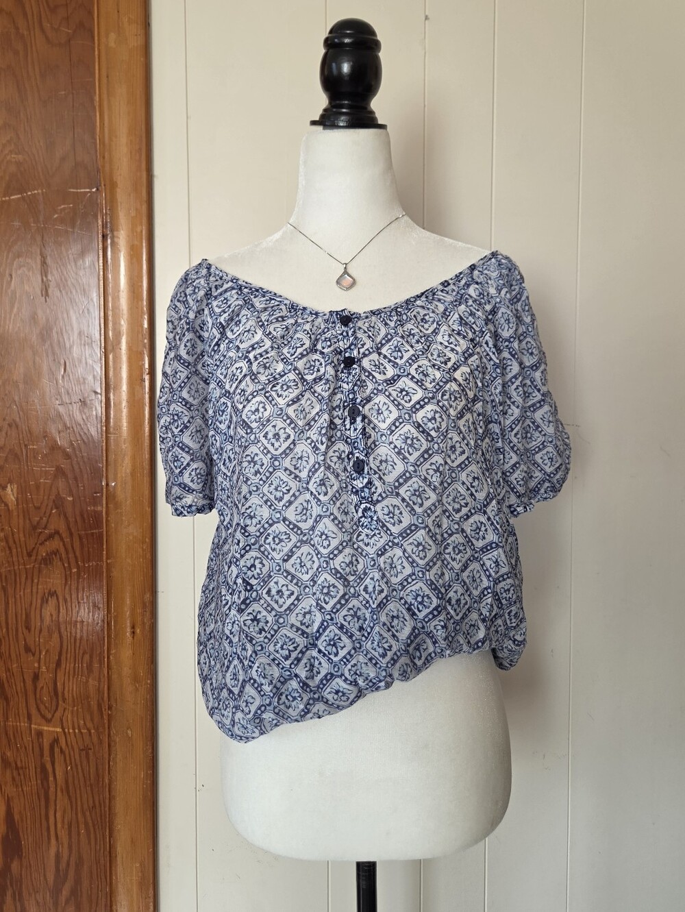 Grand & Greene | Blue Peasant Puff Sleeve Top W/ Bardot Neckline